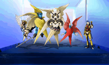 A GIF of Aleph (Shin Megami Tensei 2) calling the player a good boy and handling a fight by himself.