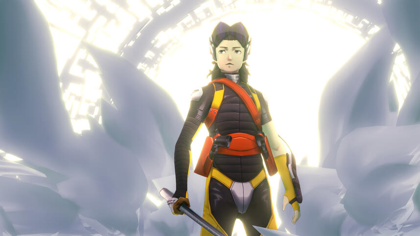 An edited photo of Aleph taken in VRChat, posing dramatically against a golden-white backlight of feathers and a broken halo structure behind him.