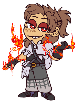 A fullbody chibi of a brown-haired original character. He is staring at the viewer with lidded eyes and a lazy grin, and fire stylized as liquid runs up and down his arms. A Phoenix made of fire floats over one arm.