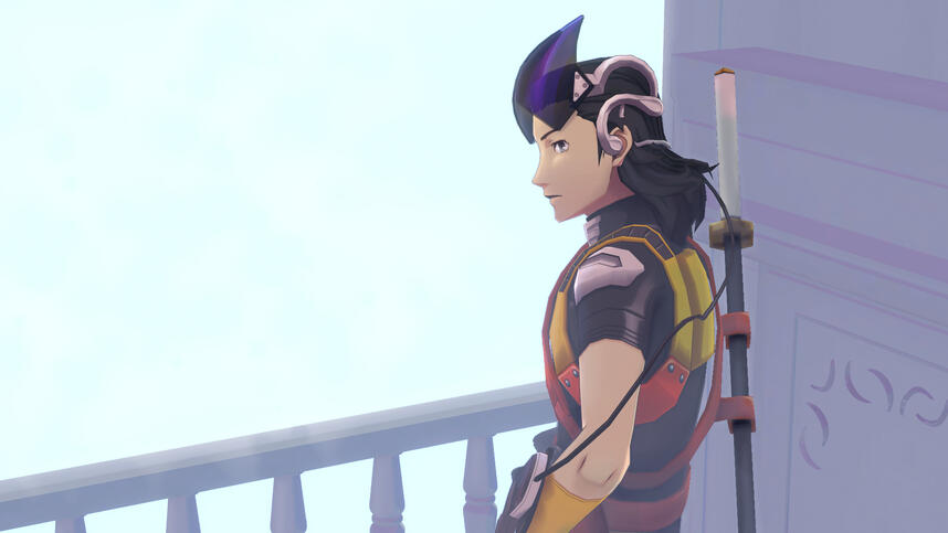 An edited photo of Aleph taken in VRChat, posing dramatically and looking back against a harsh sky-blue backdrop.